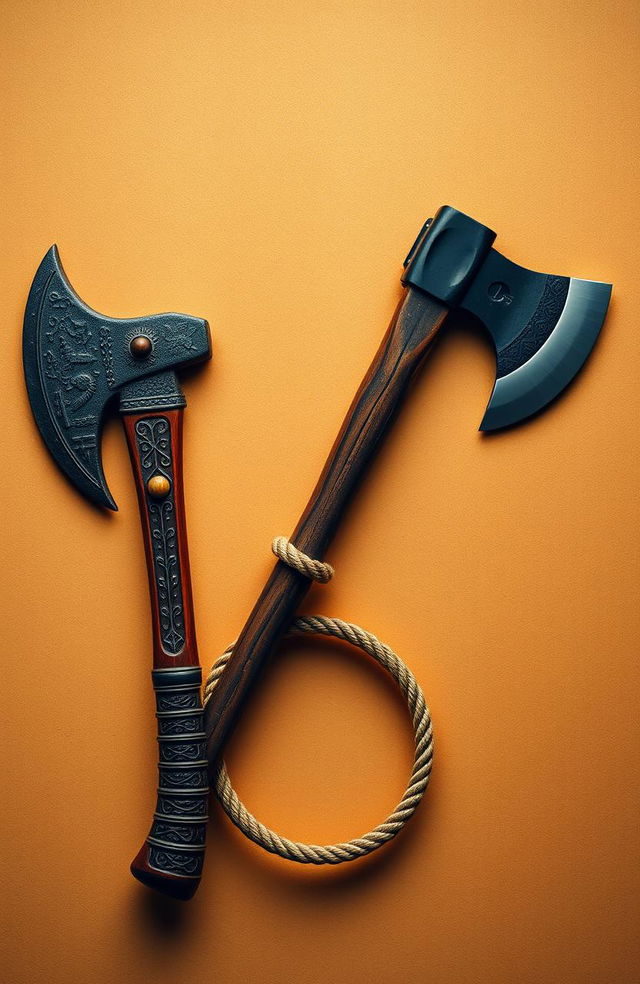 A visually striking image featuring two axes: on the left, an ancient Igbo adze axe intricately detailed, showcasing traditional craftsmanship and cultural symbols; on the right, a sleek, modern axe representing colonial influence with a contemporary design