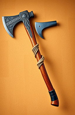 A visually striking image featuring two axes: on the left, an ancient Igbo adze axe intricately detailed, showcasing traditional craftsmanship and cultural symbols; on the right, a sleek, modern axe representing colonial influence with a contemporary design