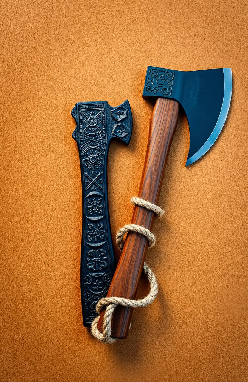 A visually striking image featuring two axes: on the left, an ancient Igbo adze axe intricately detailed, showcasing traditional craftsmanship and cultural symbols; on the right, a sleek, modern axe representing colonial influence with a contemporary design