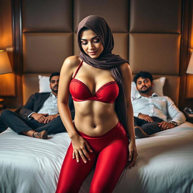 A woman wearing a stylish hijab is positioned gracefully, bending over in front of two men who are seated on a luxurious bed