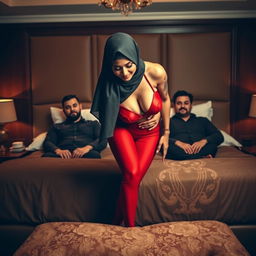 A woman wearing a stylish hijab is positioned gracefully, bending over in front of two men who are seated on a luxurious bed