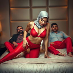 A woman wearing a stylish hijab is positioned gracefully, bending over in front of two men who are seated on a luxurious bed