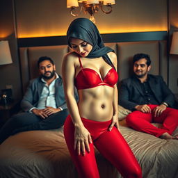 A woman wearing a stylish hijab is positioned gracefully, bending over in front of two men who are seated on a luxurious bed