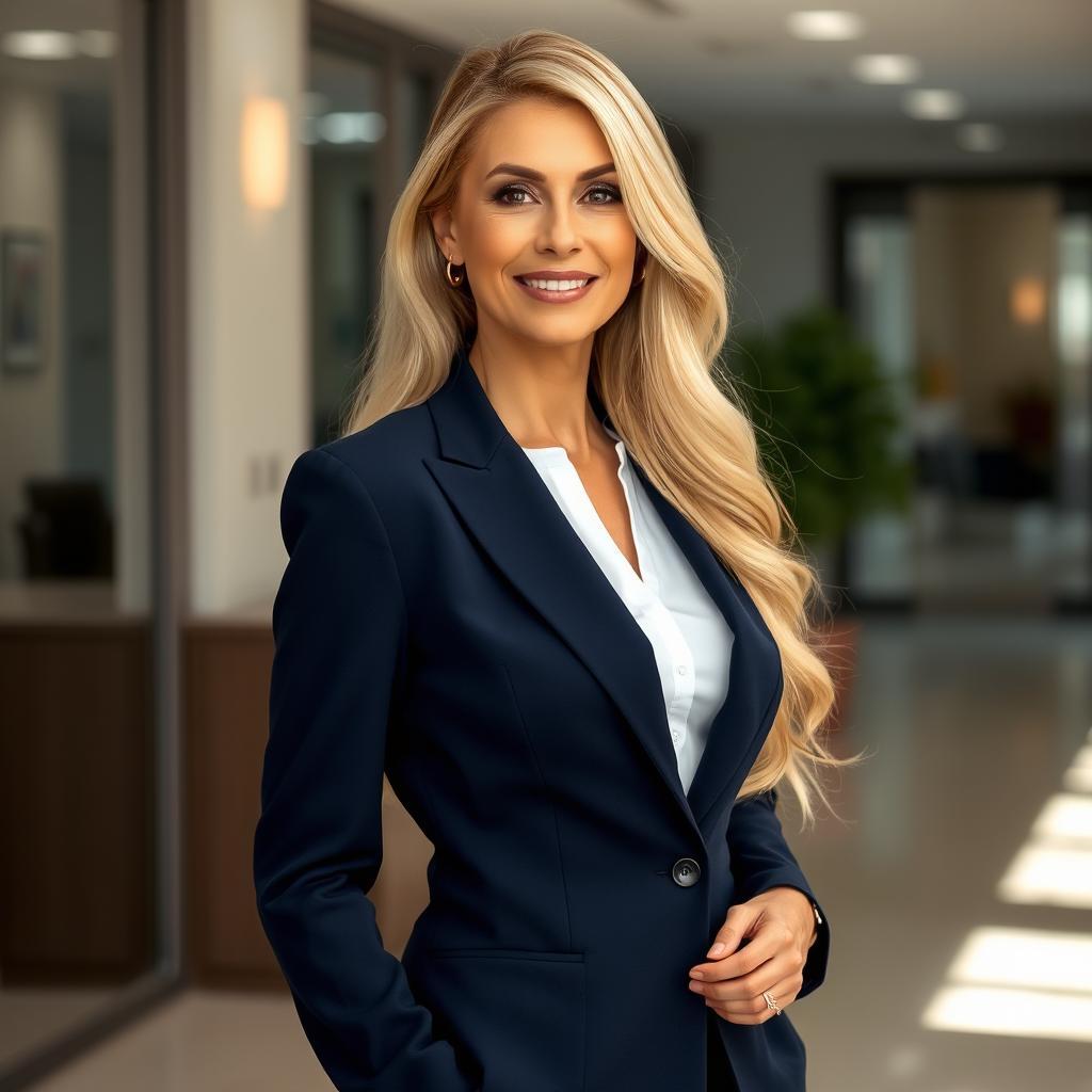 A stunning 40-year-old beautiful blonde woman, exuding elegance and confidence, wearing a tailored navy suit