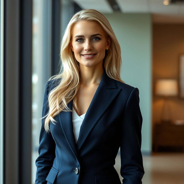 A stunning 40-year-old beautiful blonde woman, exuding elegance and confidence, wearing a tailored navy suit