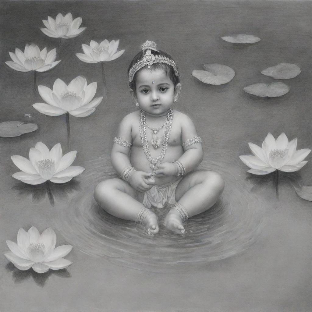 A pencil art drawing of the infant Lord Krishna peacefully floating in a tranquil river brimming with blossoming lotus flowers and scattered leaves.