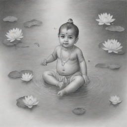 A pencil art drawing of the infant Lord Krishna peacefully floating in a tranquil river brimming with blossoming lotus flowers and scattered leaves.