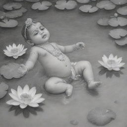 A pencil art drawing of the infant Lord Krishna peacefully floating in a tranquil river brimming with blossoming lotus flowers and scattered leaves.