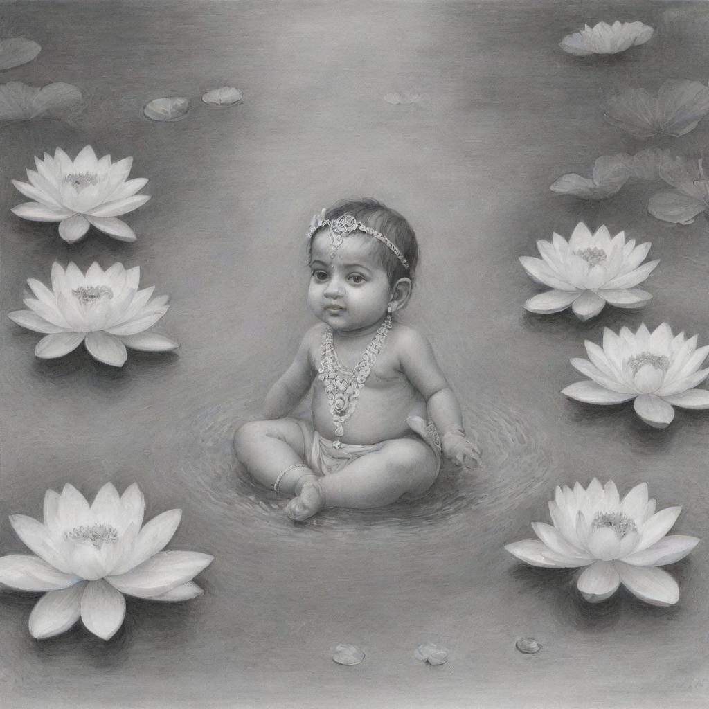 A pencil art drawing of the infant Lord Krishna peacefully floating in a tranquil river brimming with blossoming lotus flowers and scattered leaves.