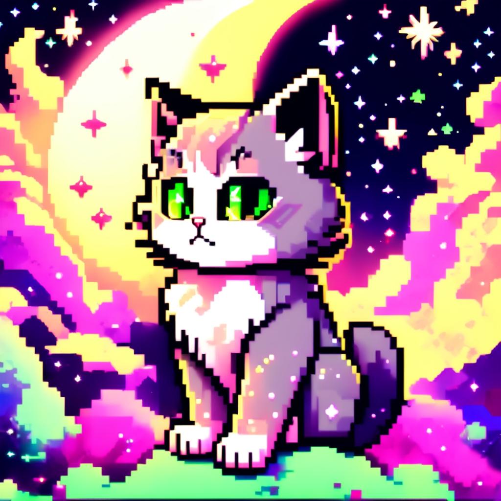 Pixel art profile picture featuring a cosmic kitten with fur resembling a starry night sky, neon green eyes holding galaxies within them, set against a backdrop of pixelated cosmic scenery with stars, nebulae and a crescent moon.