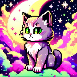 Pixel art profile picture featuring a cosmic kitten with fur resembling a starry night sky, neon green eyes holding galaxies within them, set against a backdrop of pixelated cosmic scenery with stars, nebulae and a crescent moon.