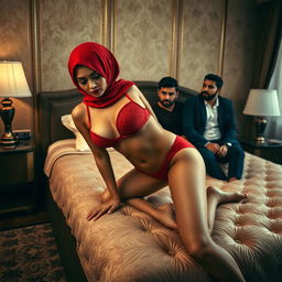 A woman dressed in a stylish hijab, complemented by a vibrant red bra and matching red underwear, is gracefully bending over on a plush bed in a tastefully decorated room