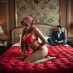 A woman dressed in a stylish hijab, complemented by a vibrant red bra and matching red underwear, is gracefully bending over on a plush bed in a tastefully decorated room