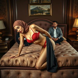 A woman dressed in a stylish hijab, complemented by a vibrant red bra and matching red underwear, is gracefully bending over on a plush bed in a tastefully decorated room