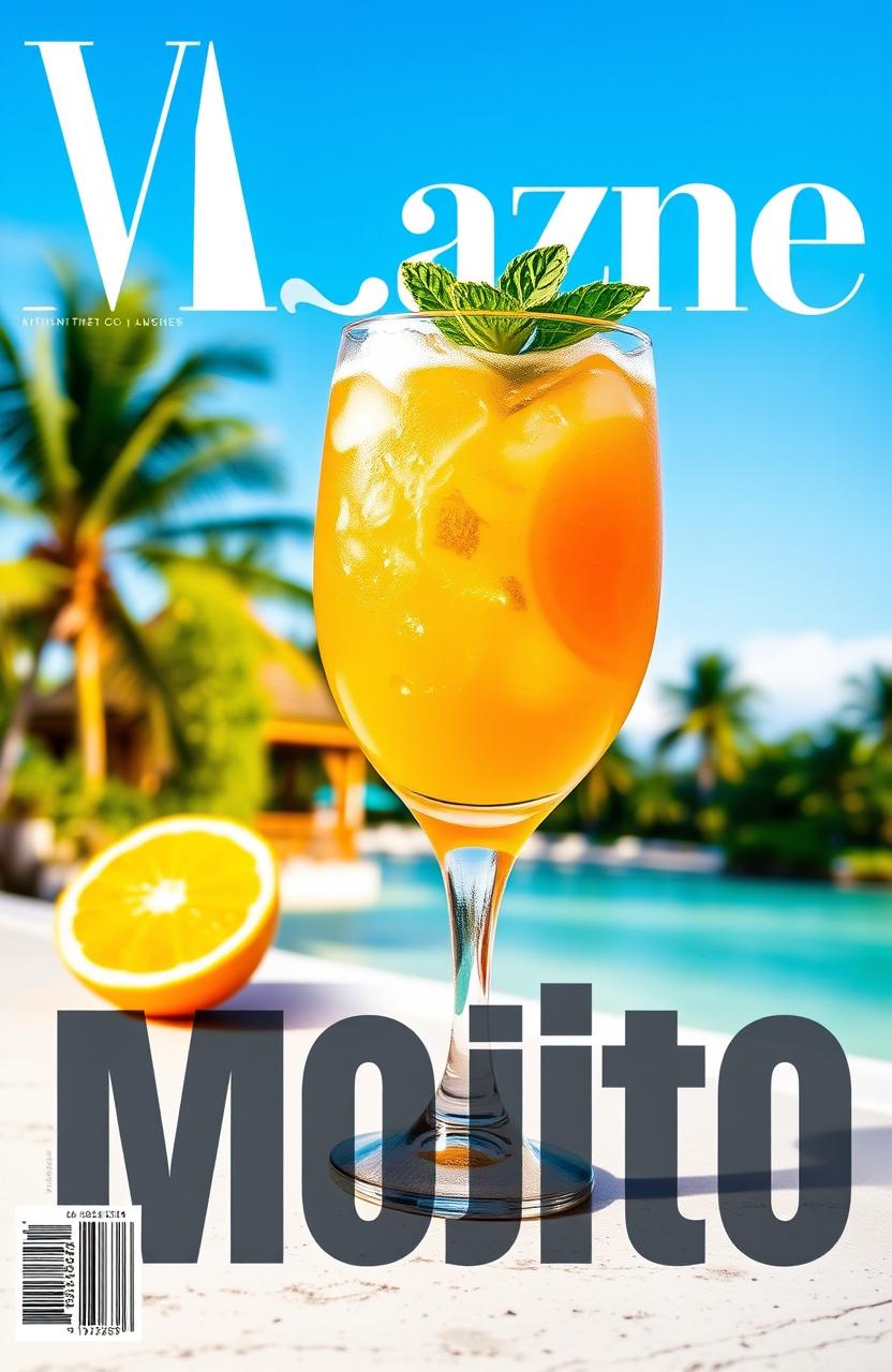 A vibrant and refreshing orange mojito presented in a stylish glass on a magazine cover, complete with crushed ice and mint leaves garnishing the drink