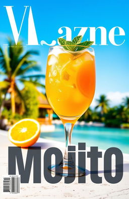 A vibrant and refreshing orange mojito presented in a stylish glass on a magazine cover, complete with crushed ice and mint leaves garnishing the drink