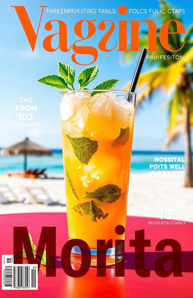 A vibrant and refreshing orange mojito presented in a stylish glass on a magazine cover, complete with crushed ice and mint leaves garnishing the drink