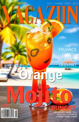 A vibrant and refreshing orange mojito presented in a stylish glass on a magazine cover, complete with crushed ice and mint leaves garnishing the drink