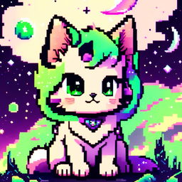 Pixel art profile picture featuring a cosmic kitten with fur resembling a starry night sky, neon green eyes holding galaxies within them, set against a backdrop of pixelated cosmic scenery with stars, nebulae and a crescent moon.