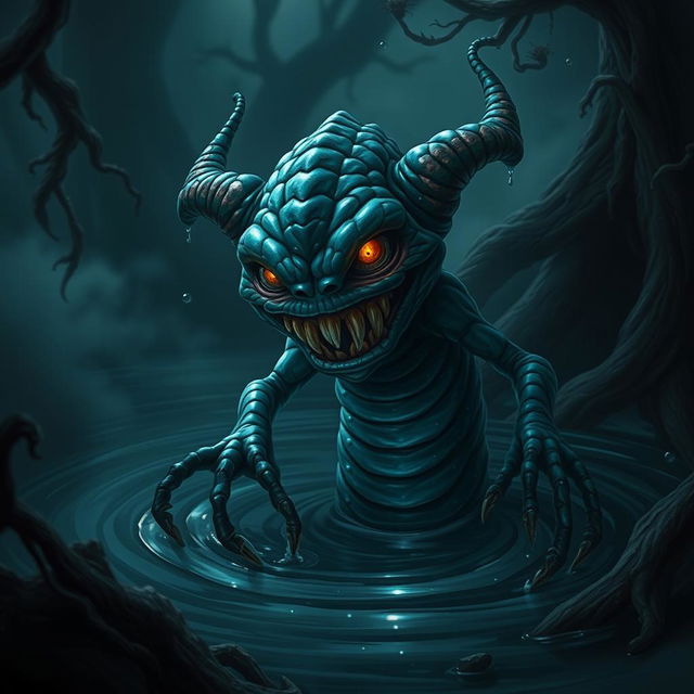 A sinister water imp, characterized by its mischievous, malevolent nature, emerges from a dark, swirling pool of water