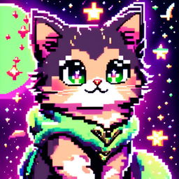 Pixel art profile picture featuring a cosmic kitten with fur resembling a starry night sky, neon green eyes holding galaxies within them, set against a backdrop of pixelated cosmic scenery with stars, nebulae and a crescent moon.