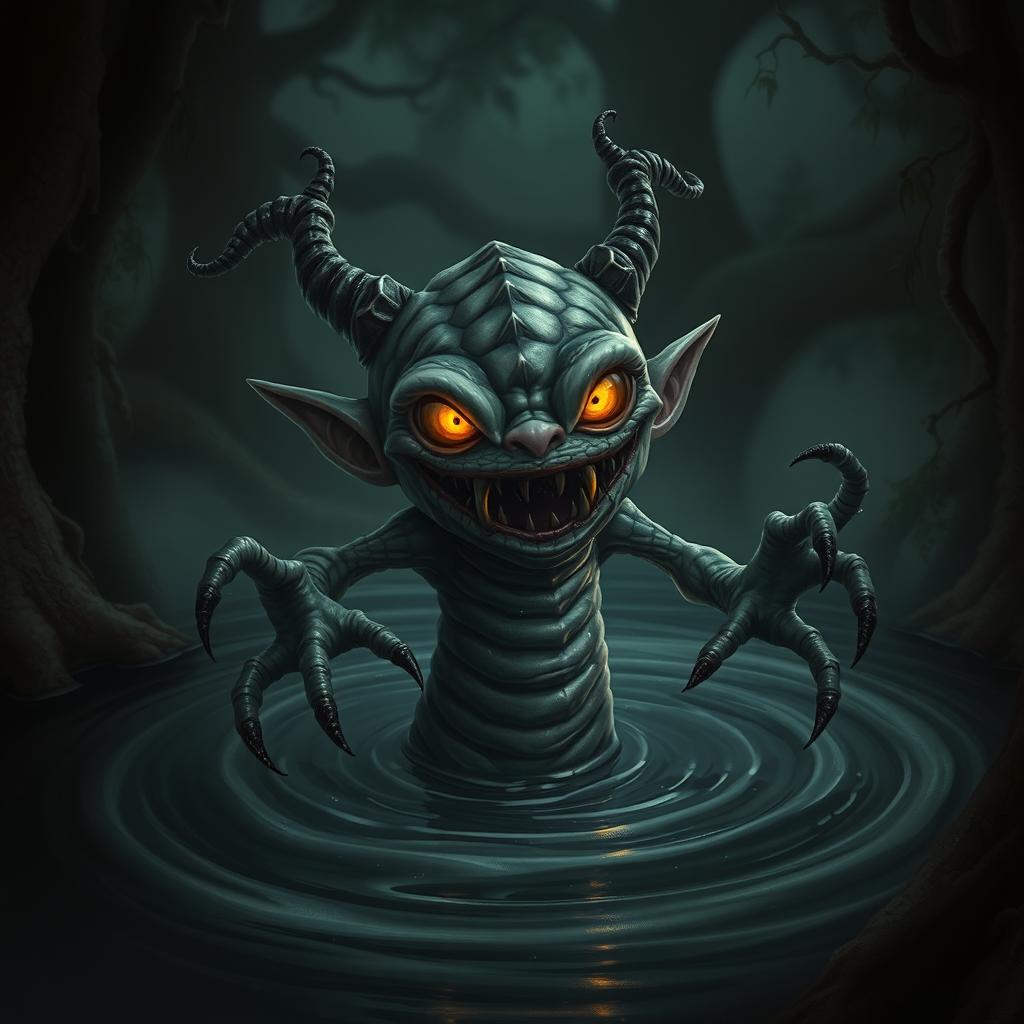 A sinister water imp, characterized by its mischievous, malevolent nature, emerges from a dark, swirling pool of water