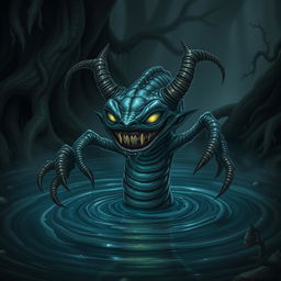 A sinister water imp, characterized by its mischievous, malevolent nature, emerges from a dark, swirling pool of water