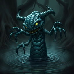 A sinister water imp, characterized by its mischievous, malevolent nature, emerges from a dark, swirling pool of water