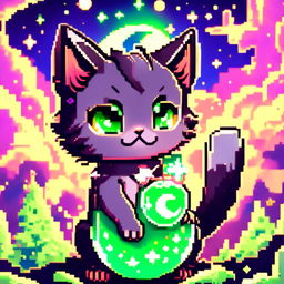 Pixel art profile picture featuring a cosmic kitten with fur resembling a starry night sky, neon green eyes holding galaxies within them, set against a backdrop of pixelated cosmic scenery with stars, nebulae and a crescent moon.