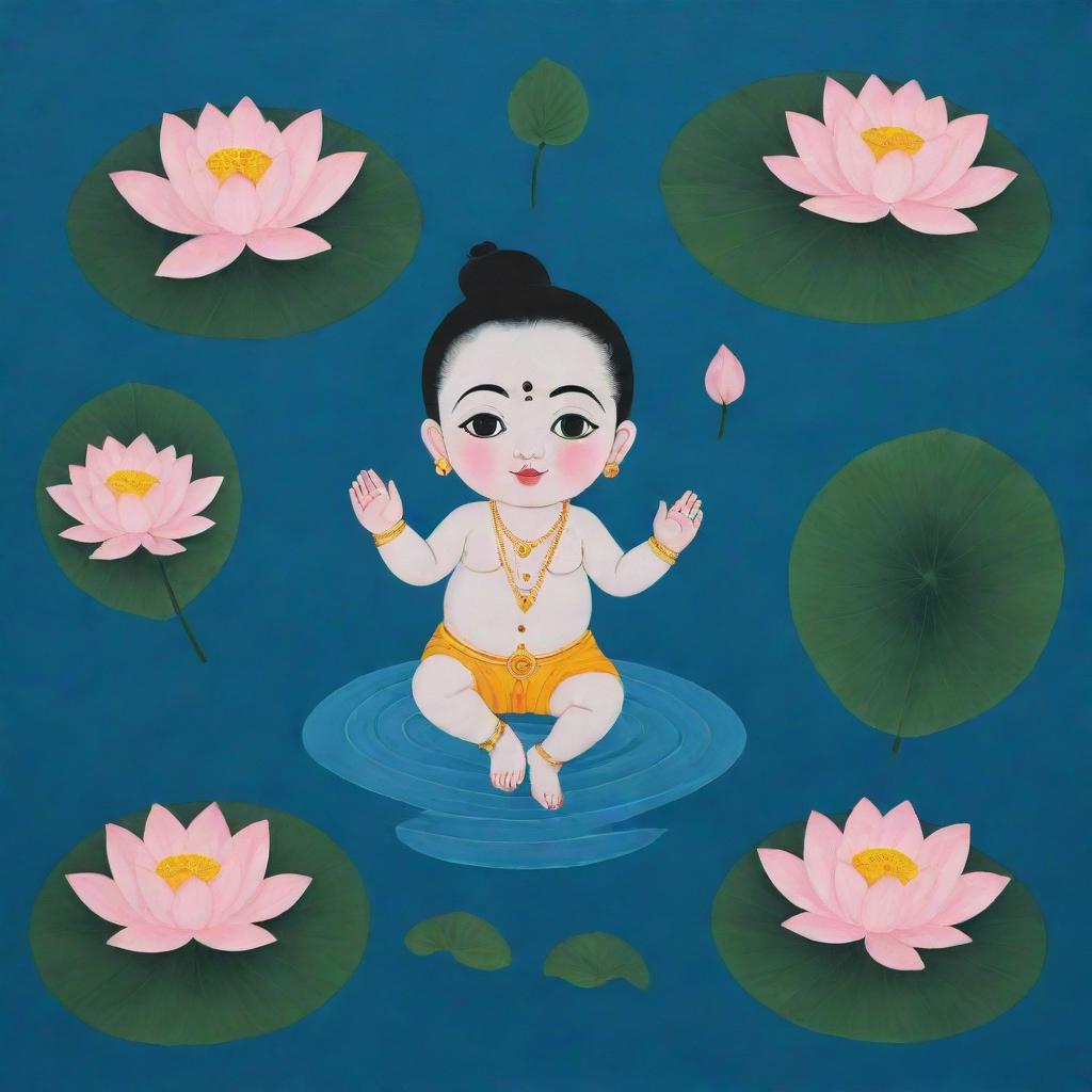 A simplistic, minimalistic art piece depicting the infant Lord Krishna floating in a river containing lotus flowers and leaves, without intricate details.