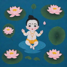 A simplistic, minimalistic art piece depicting the infant Lord Krishna floating in a river containing lotus flowers and leaves, without intricate details.