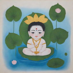 A simplistic, minimalistic art piece depicting the infant Lord Krishna floating in a river containing lotus flowers and leaves, without intricate details.