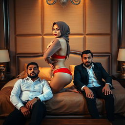 A woman dressed in a stylish hijab, showcasing a red bra and matching red underwear, is playfully striking a pose on a luxurious bed