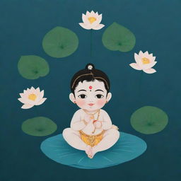 A simplistic, minimalistic art piece depicting the infant Lord Krishna floating in a river containing lotus flowers and leaves, without intricate details.