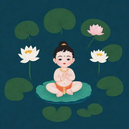 A simplistic, minimalistic art piece depicting the infant Lord Krishna floating in a river containing lotus flowers and leaves, without intricate details.