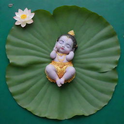 A simple, non-detailed artwork depicting infant Lord Krishna sleeping peacefully on a leaf, floating in a river filled with lotus flowers and floating leaves.