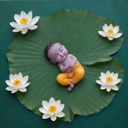 A simple, non-detailed artwork depicting infant Lord Krishna sleeping peacefully on a leaf, floating in a river filled with lotus flowers and floating leaves.