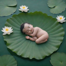 A simple, non-detailed artwork depicting infant Lord Krishna sleeping peacefully on a leaf, floating in a river filled with lotus flowers and floating leaves.