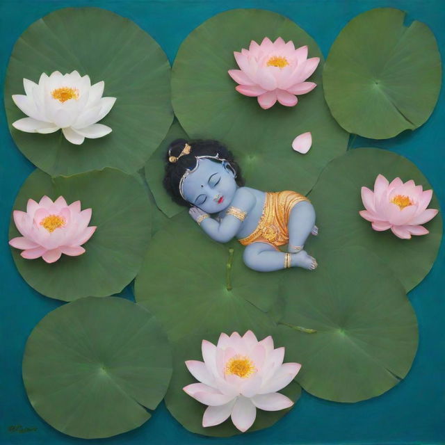 A simple, non-detailed artwork depicting infant Lord Krishna sleeping peacefully on a leaf, floating in a river filled with lotus flowers and floating leaves.