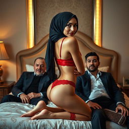 A woman dressed in an elegant hijab is on a plush bed, wearing a striking red bra and matching red underwear