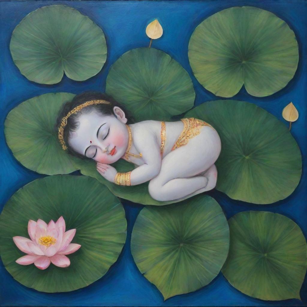 A beginner-friendly painting depicting infant Lord Krishna sleeping, cradled by a leaf, afloat in a river dotted with lotus flowers and leaves, designed with simple and broad brush strokes.