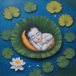 A beginner-friendly painting depicting infant Lord Krishna sleeping, cradled by a leaf, afloat in a river dotted with lotus flowers and leaves, designed with simple and broad brush strokes.