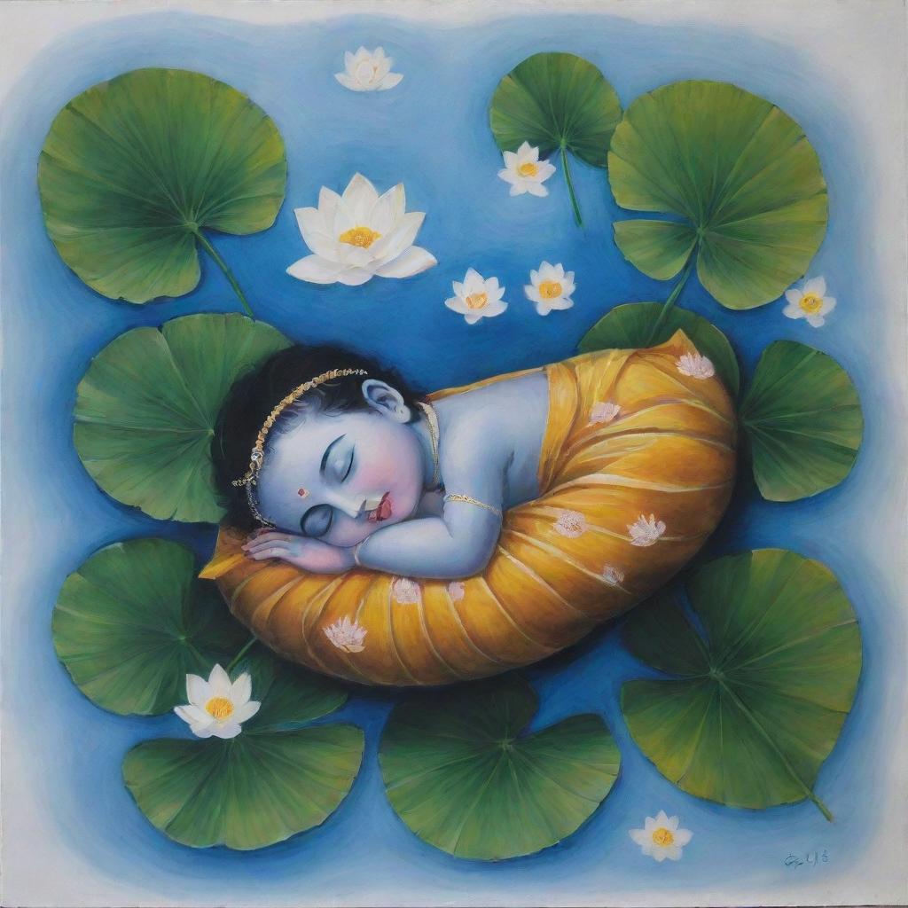 A beginner-friendly painting depicting infant Lord Krishna sleeping, cradled by a leaf, afloat in a river dotted with lotus flowers and leaves, designed with simple and broad brush strokes.