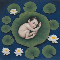 A beginner-friendly painting depicting infant Lord Krishna sleeping, cradled by a leaf, afloat in a river dotted with lotus flowers and leaves, designed with simple and broad brush strokes.