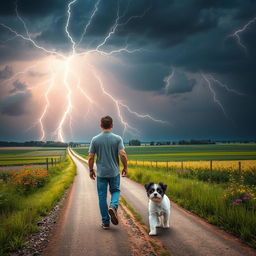 A striking summer scene featuring lightning in the heavens above a rural crossroads