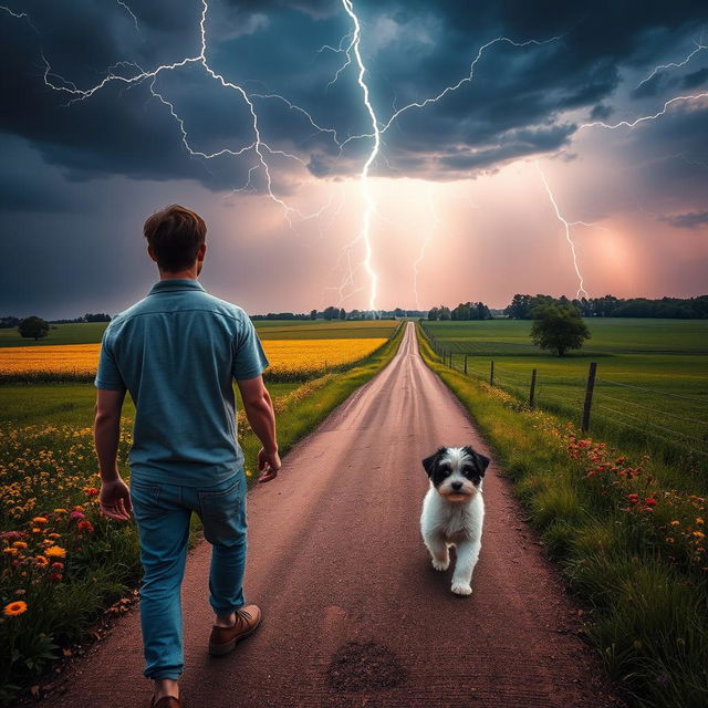 A striking summer scene featuring lightning in the heavens above a rural crossroads