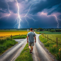 A striking summer scene featuring lightning in the heavens above a rural crossroads