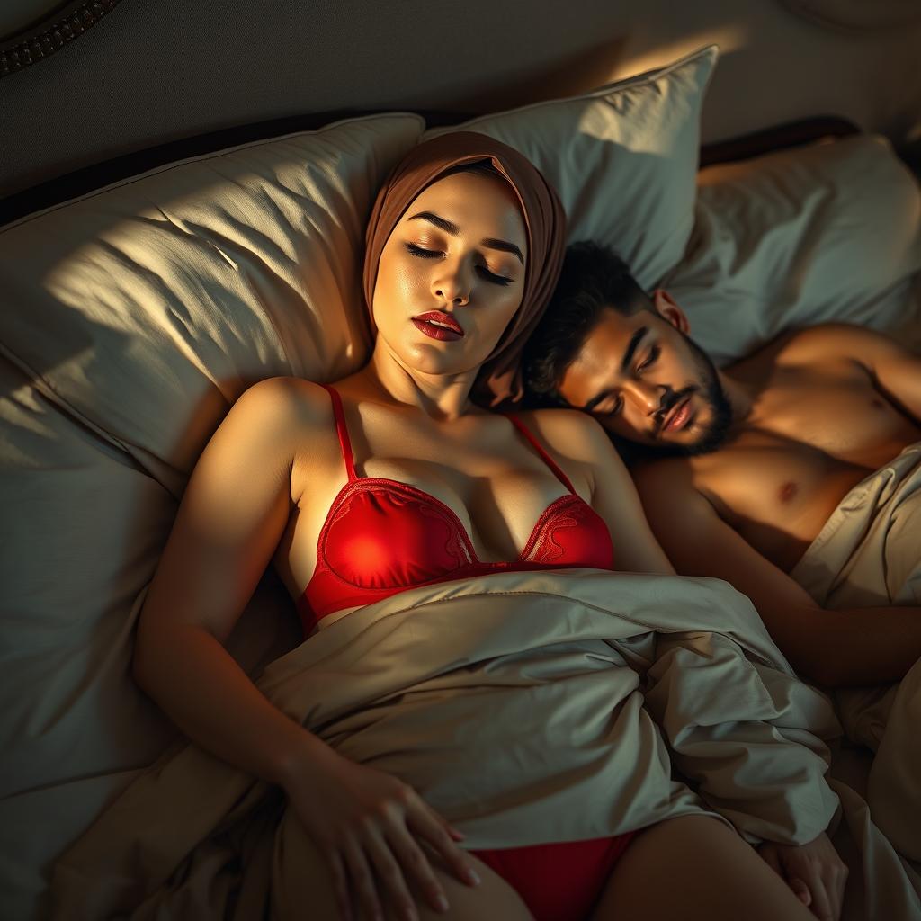 A woman wearing a stylish hijab displays a tired yet peaceful expression as she sleeps on a plush bed, adorned in a striking red bra and matching red underwear