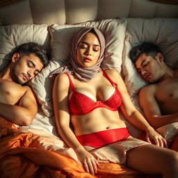 A woman wearing a stylish hijab displays a tired yet peaceful expression as she sleeps on a plush bed, adorned in a striking red bra and matching red underwear