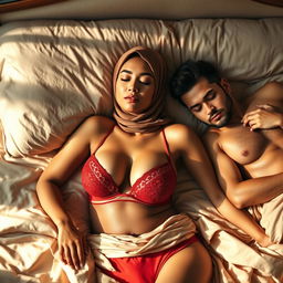 A woman wearing a stylish hijab displays a tired yet peaceful expression as she sleeps on a plush bed, adorned in a striking red bra and matching red underwear